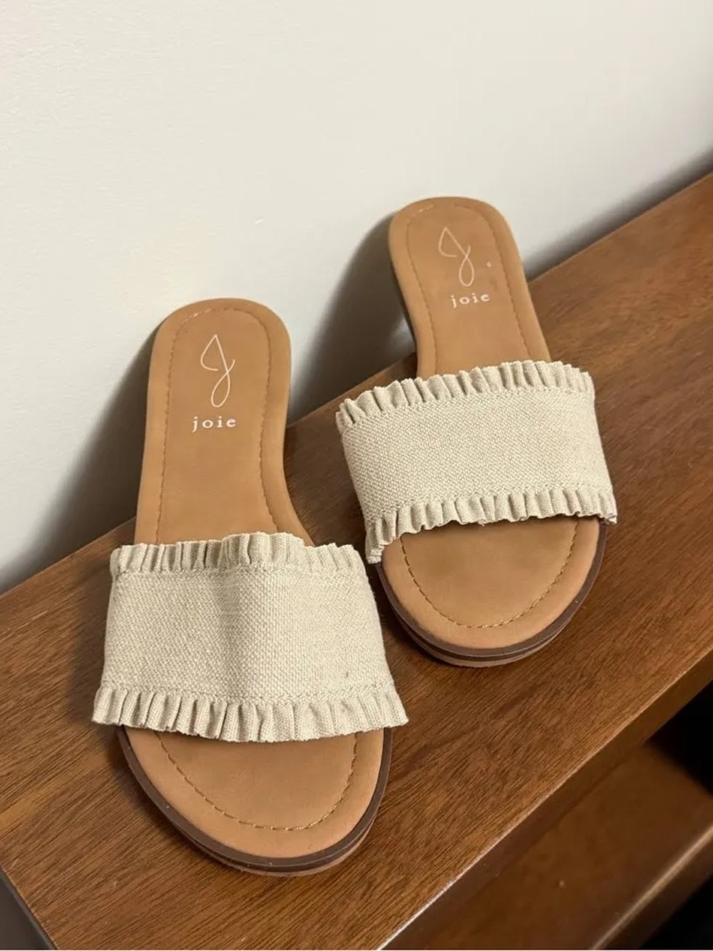 Joie Eidel Cream Canvas Ruffle Slide Sandals